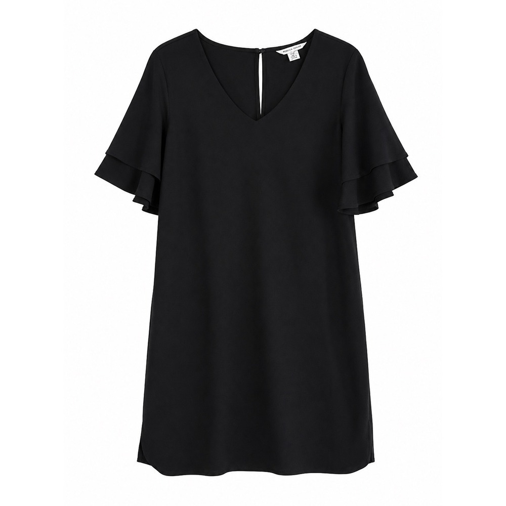 Tommy Bahama Black Shift Dress SP Petite Ruffle Sleeve Pockets Embroidered LBD